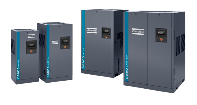 Atlas Copco GA VSD+ Series variable speed drive compressors ranging from 7.5 kW to 110 kW. 